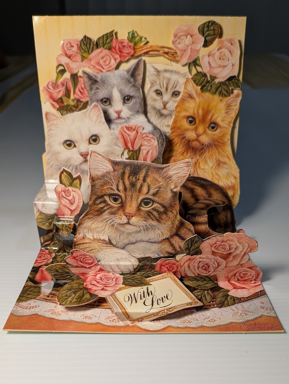 3D Kittens Greeting Card Die Cut Stand Up Roses Cat Decor Vintage Pop Shots